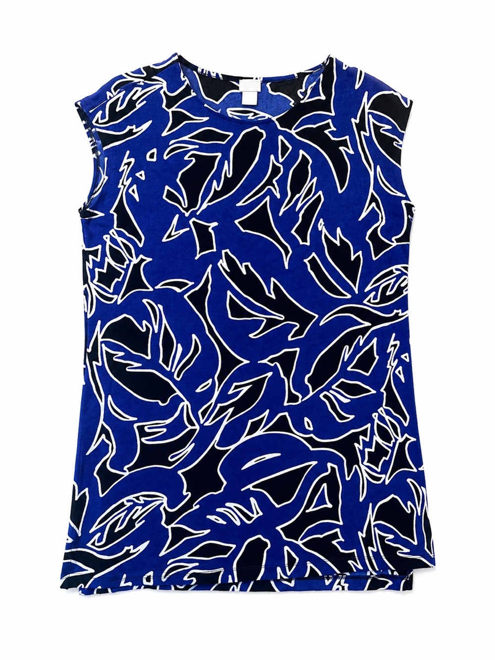 Chico’s Travelers Blue Black Abstract Floral Tunic Top Size 2 L 12/14